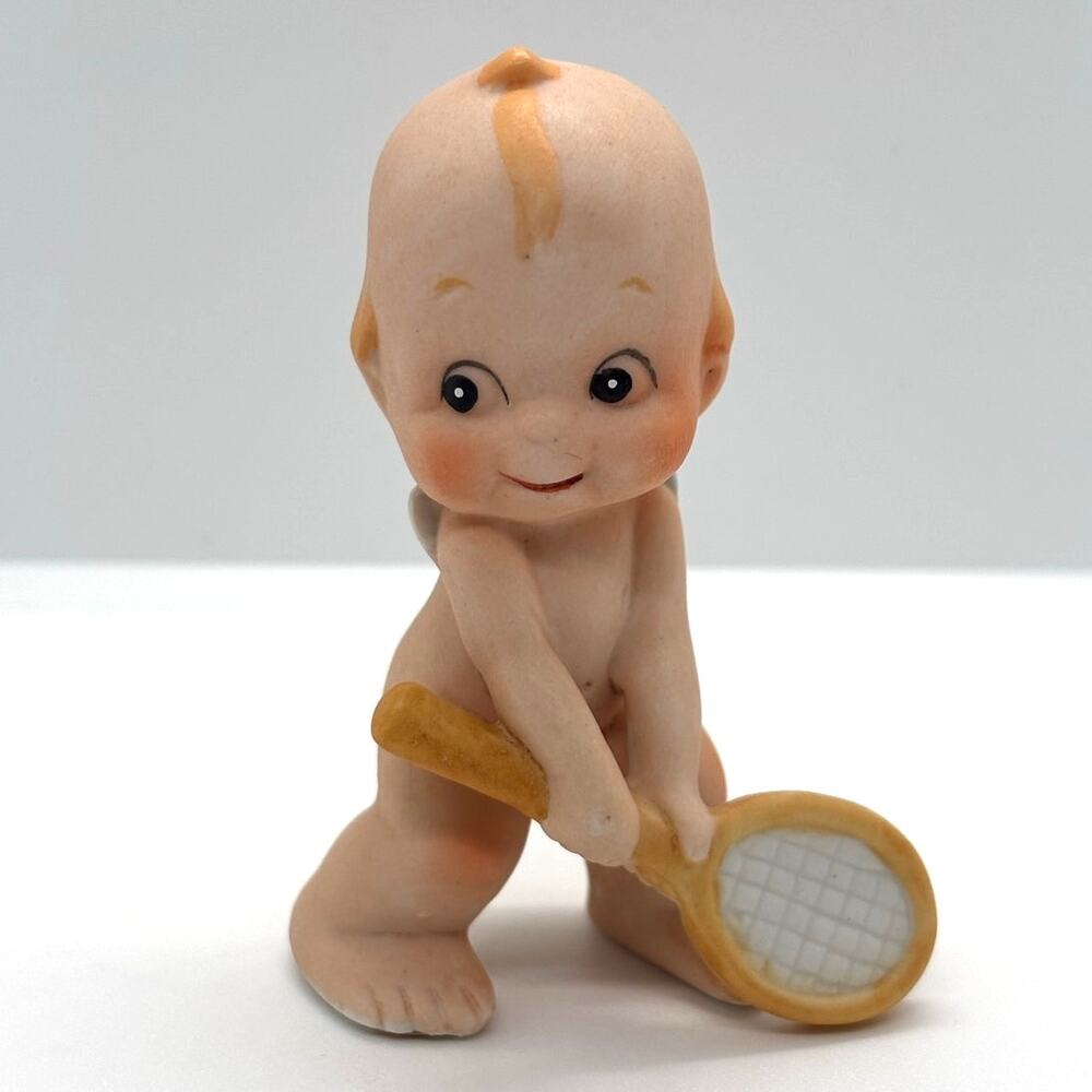 Vintage Lefton Kewpie Doll Figurine w/Tennis Racket, Bisque Angel Baby, 2.5"